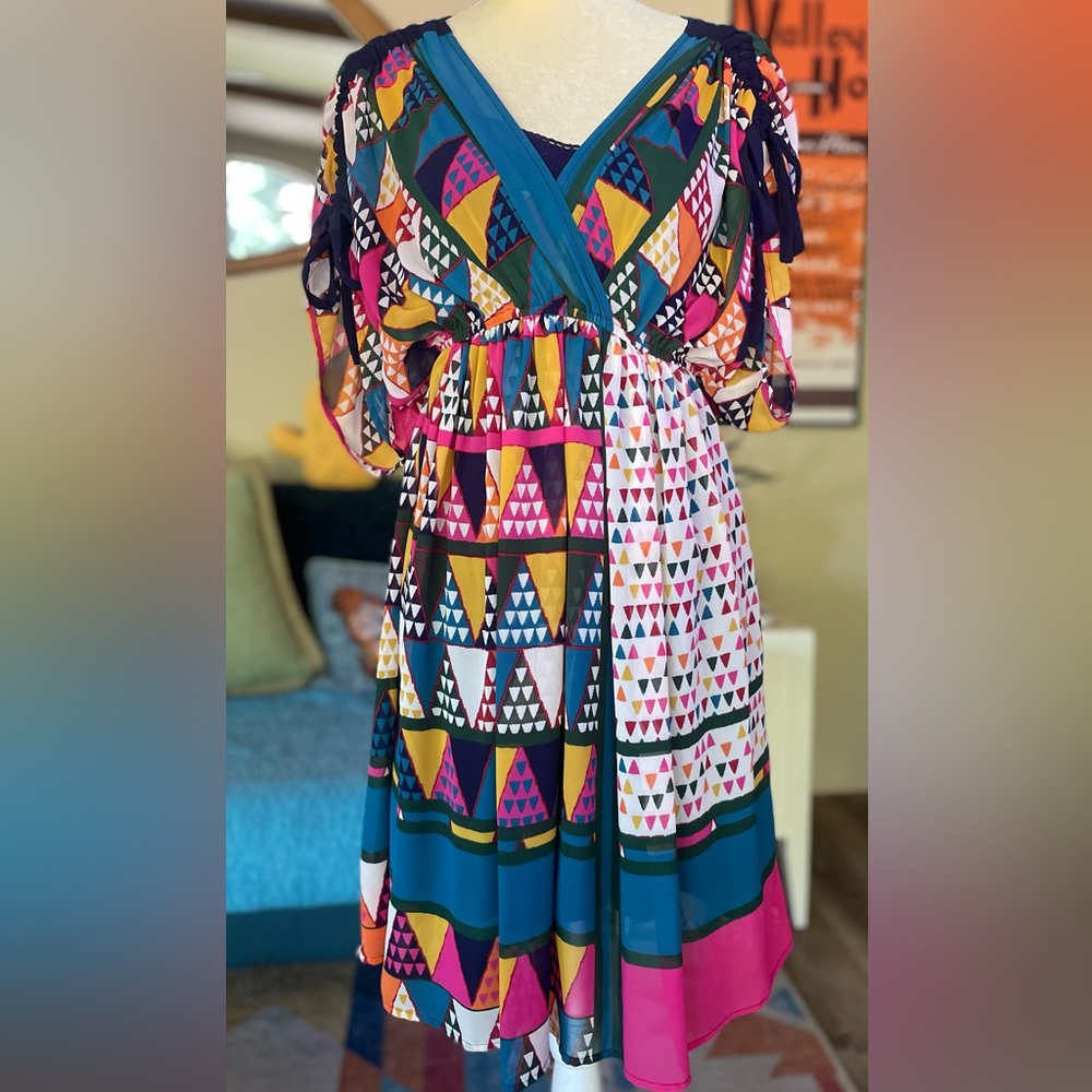 Maeve Multicolor Geometric V-Neck Midi Dress - Teal, Magenta, Mustard